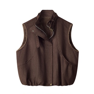 高端欧货麂皮绒马甲背心女冬季羊羔绒加绒保暖工装机车夹克短外套