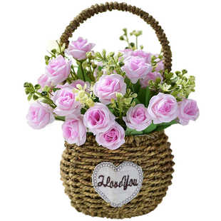 手工草编手提花篮舞蹈道具室内餐桌装饰仿真花套装小型藤编编织篮