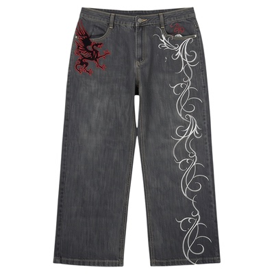 美式复古宽松刺绣牛仔裤