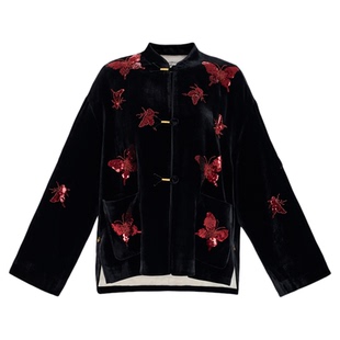 曼加塔【真丝·红蝶】真丝丝绒早秋波嬉新中式外套5061673
