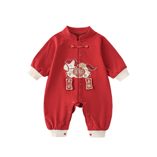 婴儿马年新年装春秋衣服宝宝红色连体衣满月百天中国风薄款拜年服