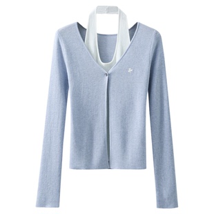 夕蒙2026新款春季韩系气质设计感上衣绝美小个子蓝色假两件针织衫