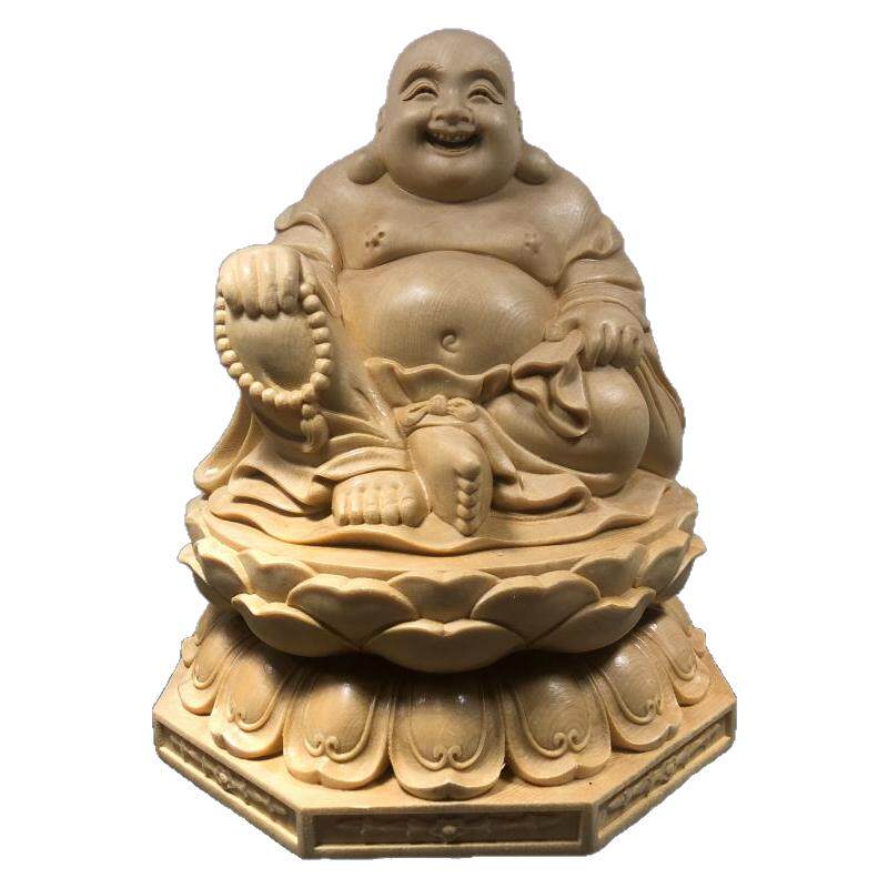桧木雕念珠坐莲大肚弥勒佛像摆件
