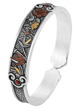 银千造 青梅竹马梅花柱子银手镯足银999实心开口银镯子女款银手环