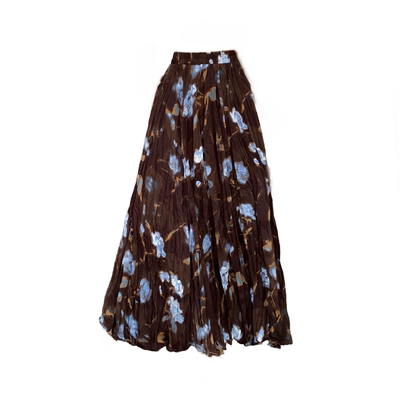 法式复古褶皱印花半身裙大摆长裙