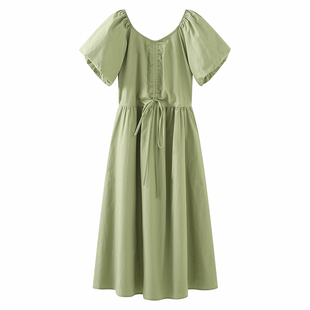 画风家drawwind连衣裙女新款V领抽绳泡泡袖收腰显瘦气质纯色长裙