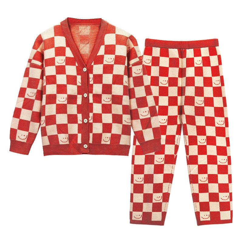 HEARMES 本命年大红色笑脸睡衣女秋冬季加厚针织棋盘格开衫家居服