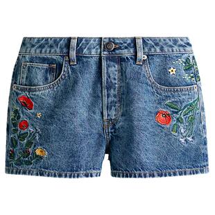 HM女装牛仔裤春季波嬉风穿搭印花刺绣高腰辣妹短裤1276522