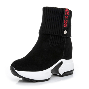 真皮袜子鞋女老爹鞋毛线口2025冬季新款弹力瘦瘦靴内增高短靴棉鞋