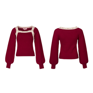 palavas新品醋栗花园刺绣针织开运红色羊毛毛衣刺绣针织衫原创