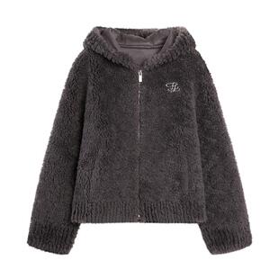 【100%绵羊毛】ELLE法式连帽毛绒外套女2025冬季新款羊羔毛上衣