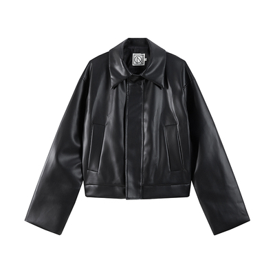 秋新极简设计短款翻领PU皮衣