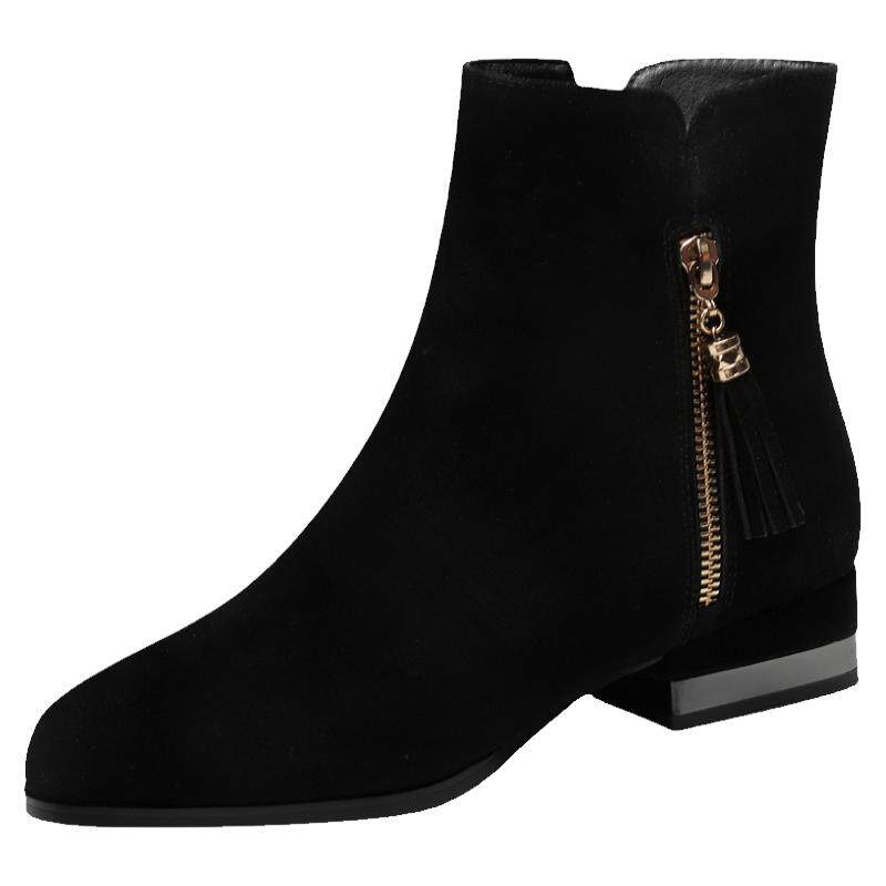 中跟女短靴粗跟马丁靴牛翻皮女靴