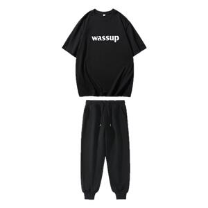 HAND WASSUP潮牌纯棉短袖T恤套装男女春夏休闲运动长裤情侣装一套