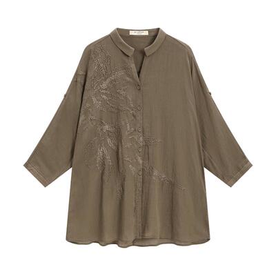EXCEPTION例外女装苎麻混纺绣花工艺优雅中式上衣宽松长袖衬衫女