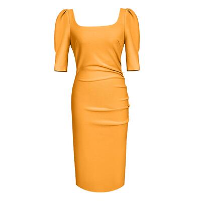 大码女装方领泡泡袖包臀连衣裙