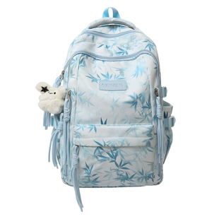 书包女初中生大容量结实耐用新中式国风竹叶蓝色双肩包多隔层背包