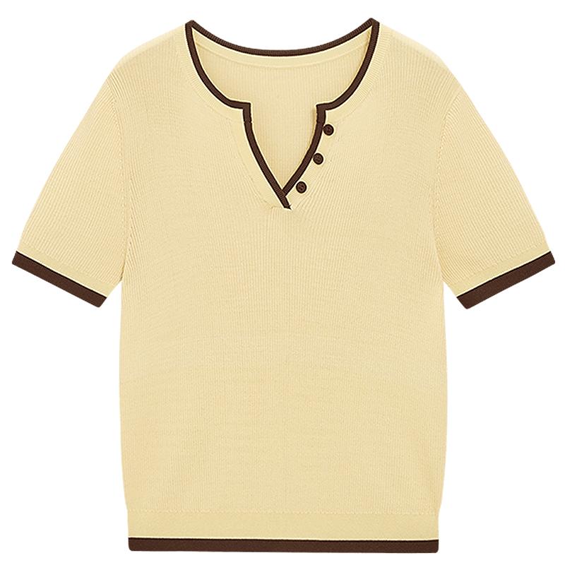 KBNE学院风小个子短款v领针织衫女2026夏季新款气质短袖黄色上衣