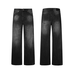 ALLFIT“2021M”闪电裂纹黑牛Cleanfit水洗直筒微喇百搭牛仔裤男