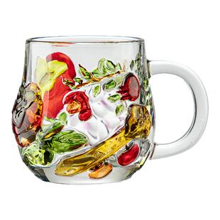 柿柿如意彩绘玻璃杯葡萄耐热家用水晶玻璃水杯牛奶手工玻璃杯厚实