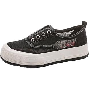 人本厚底小白鞋女款2025夏季网面透气懒人鞋一脚蹬帆布鞋蕾丝网鞋