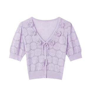 MISS COCOON可可尼紫色镂空毛衣2025秋季新款立体手钩花朵针织衫