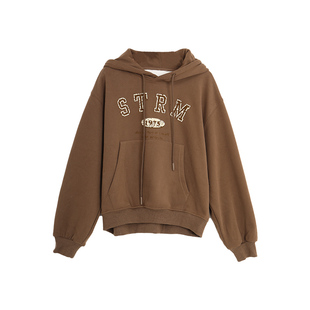 西町村屋美式连帽卫衣女装秋冬新款复古风加绒印花上衣HD8108516