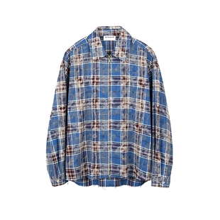 DESERTO 23AW 破坏毛边晕染长袖双拉链格纹衬衫cleanfit格子上衣