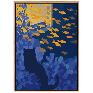 金鱼鸢尾花猫咪治愈插画风数字油画DIY手工填充电视背景墙装饰画