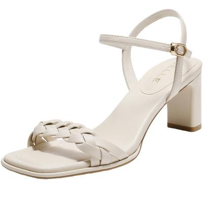 百丽编织粗高跟一字扣带凉鞋