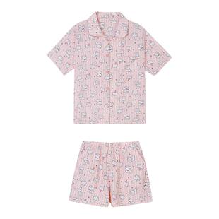 馨帮帮Homedress 可爱条纹狗狗睡衣女款夏舒适透气短袖家居服套装