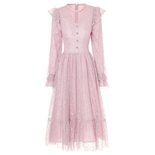 花儿开了2026春季新款法式复古蕾丝刺绣连衣裙女长袖修身公主裙子