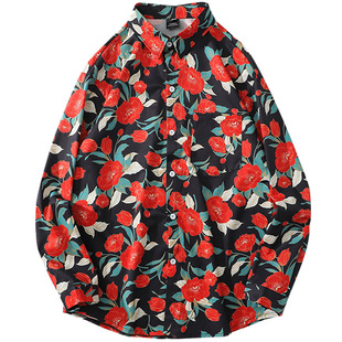 大朵红花 复古长袖花衬衫韩版潮流古着vintage男女日系港风痞帅