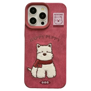 秋冬红色绒布刺绣西高地适用苹果16promax手机壳iphone15新款16带挂绳16pro韩风14pm卡通女15pro皮质13全包软
