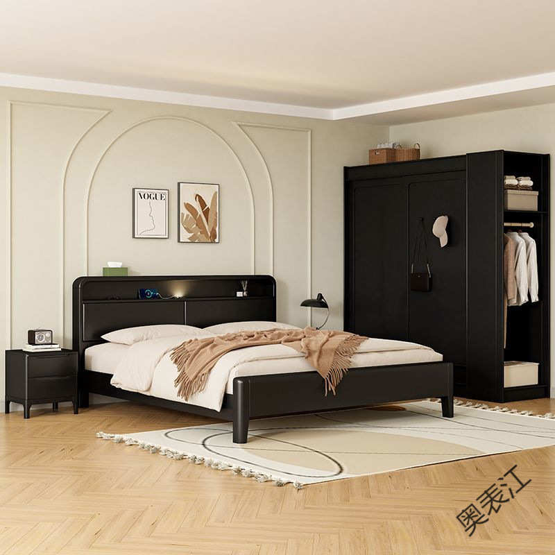 奥P4北欧复古实木衣柜卧室家用推拉门现代简约储物柜小户型收纳衣