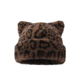 可爱狐狸耳朵豹纹毛绒帽子女秋冬加厚保暖防寒包头帽护耳套头帽潮