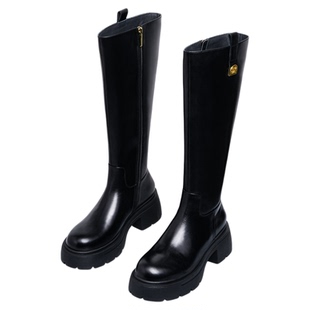 【真皮牛皮加绒】星期六英伦长筒靴女冬粗跟圆头显瘦高不过膝长靴