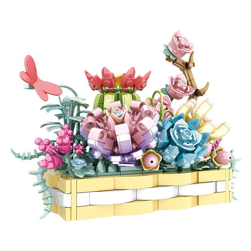 沃马积木花卉盆栽永生花拼装玩具
