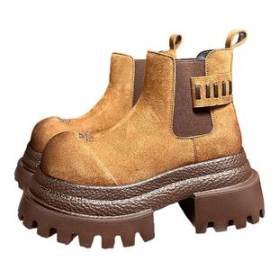 磨砂真皮复古擦色大头松糕厚底马丁靴女百搭小个子增高切尔西短靴