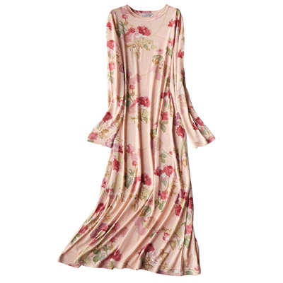 套头针织碎花圆领长裙真丝睡衣