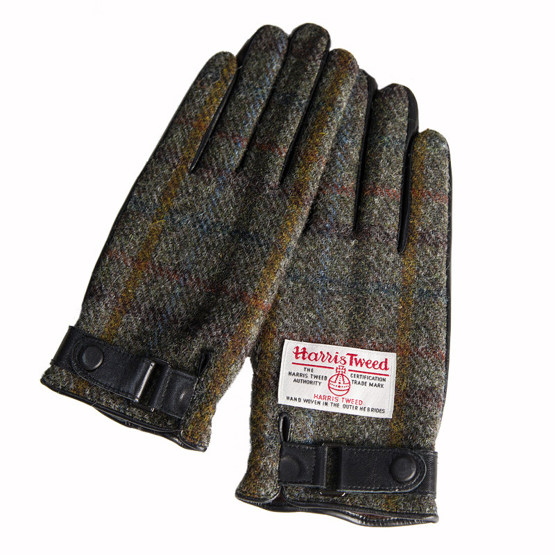 HarrisTweed羊毛男触屏真皮手套