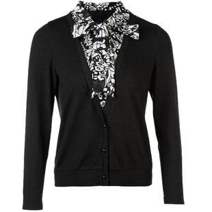 名师路黑色雪纺针织套头衫女假两件上衣新款秋季飘带直筒拼接