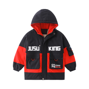 男童加绒外套秋冬新款儿童冬季连帽棉服中大童男孩加厚保暖派克服