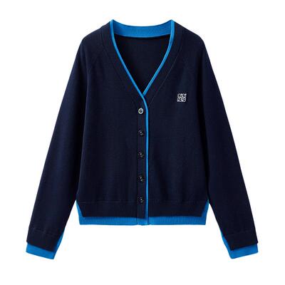 云上生活【舒展毛衫】假两件撞色羊毛混纺休闲针织衫春秋开衫女