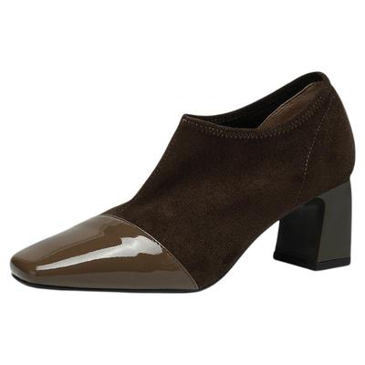 星期六复古真皮方头粗跟短靴