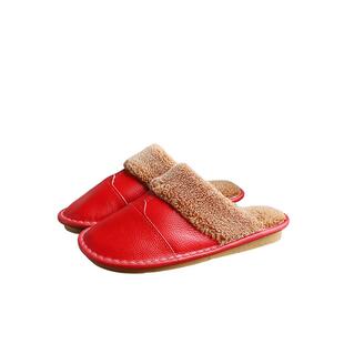 海宁家用居家牛皮拖鞋冬季男女家居保暖厚底防滑皮面真皮毛棉拖鞋