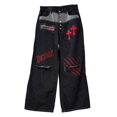 Miub美式暗黑风拼接破洞牛仔裤夏