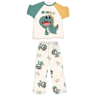 亲子睡衣男女童夏季短袖长裤一家三口四口纯棉恐龙全棉空调家居服