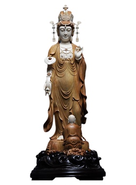 老山檀香镶嵌猛犸牙工艺品摆件【童子拜观音】大师级清刀收藏送礼