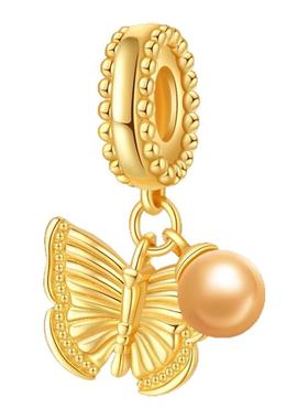 潘家风格古典金蝴蝶吊坠铜镀银项链珠子跨境代发2024新款